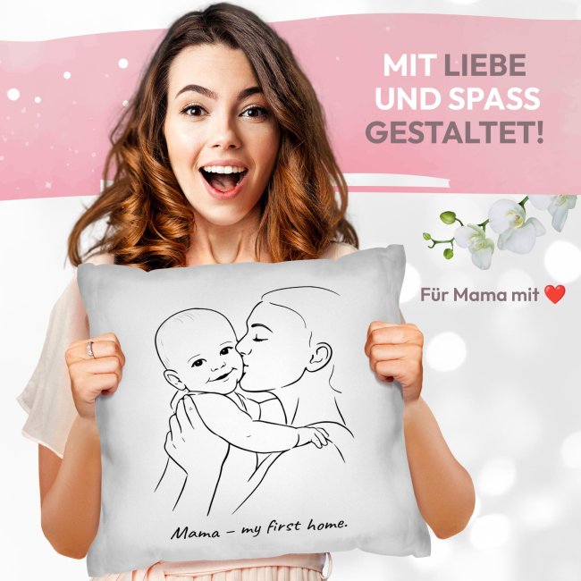 Mama-Kissen - Line-Art Mutter und Kind mit Wunschtext