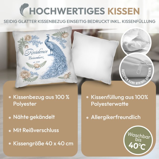 Personalisiertes Kissen - Vintage Pfau Residence - mit Name &amp; Jahr