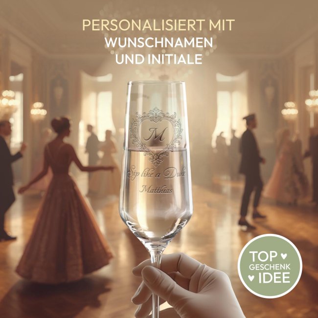 Sektglas mit Gravur - Royal Regency - Duke Motiv - mit Name &amp; Initiale