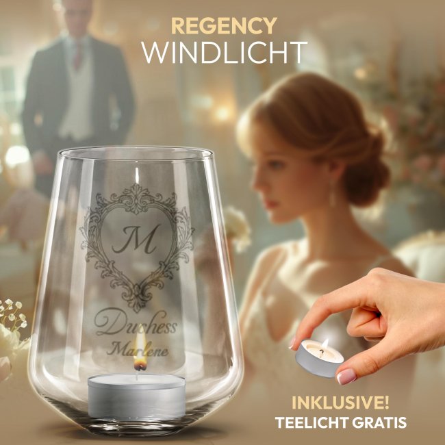 Windlicht Harmony mit Gravur - Royal Regency - Duchess Motiv - mit Name &amp; Initiale