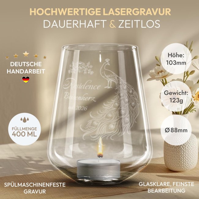Windlicht Harmony mit Gravur - Royal Regency - Elegantes Pfauen Motiv - mit Name &amp; Jahr