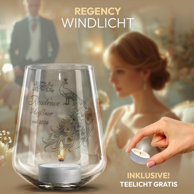 Windlicht Harmony mit Gravur - Royal Regency - Elegantes Pfauen Motiv - mit Name &amp; Jahr