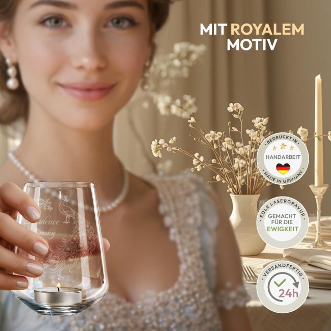 Windlicht Harmony mit Gravur - Royal Regency - Elegantes Pfauen Motiv - mit Name &amp; Jahr