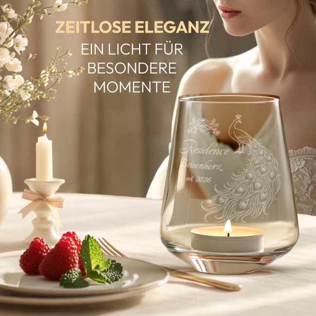 Windlicht Harmony mit Gravur - Royal Regency - Elegantes Pfauen Motiv - mit Name &amp; Jahr