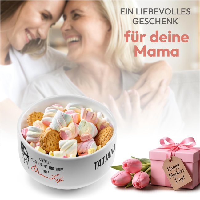 M&uuml;slisch&uuml;ssel mit Motiv - Mom Life - Cereals, Messy bun, getting stuff done - mit Name