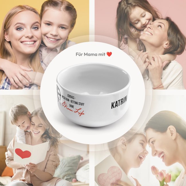 M&uuml;slisch&uuml;ssel mit Motiv - Mom Life - Cereals, Messy bun, getting stuff done - mit Name