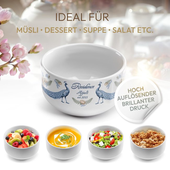 M&uuml;slisch&uuml;ssel mit Motiv - Royal Regency - Elegantes Pfauen Motiv - mit Name &amp; Jahr
