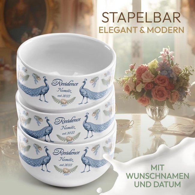 M&uuml;slisch&uuml;ssel mit Motiv - Royal Regency - Elegantes Pfauen Motiv - mit Name &amp; Jahr