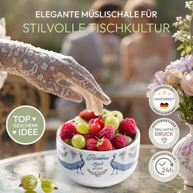 M&uuml;slisch&uuml;ssel mit Motiv - Royal Regency - Elegantes Pfauen Motiv - mit Name &amp; Jahr