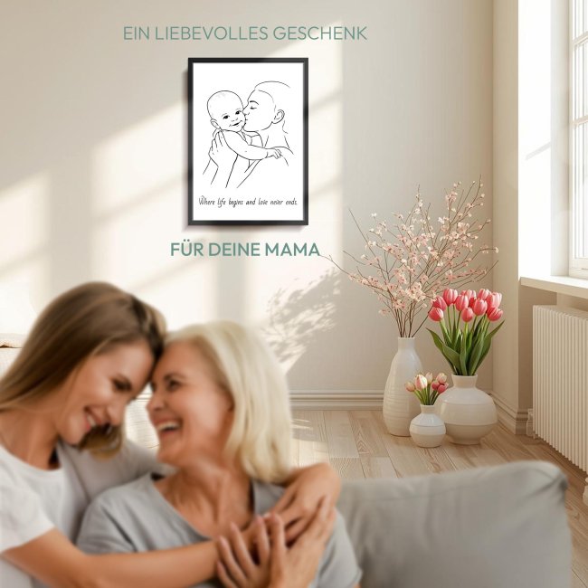 Fotodruck - Mutter-Kind-Silhouette - Mit Text