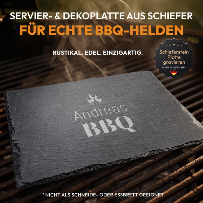 Personalisierte Schieferplatte mit Gravur f&uuml;r M&auml;nner - BBQ mit Wunschname - 20x30 cm