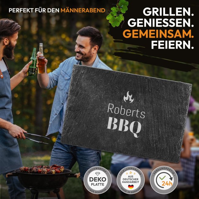 Personalisierte Schieferplatte mit Gravur f&uuml;r M&auml;nner - BBQ mit Wunschname - 20x30 cm