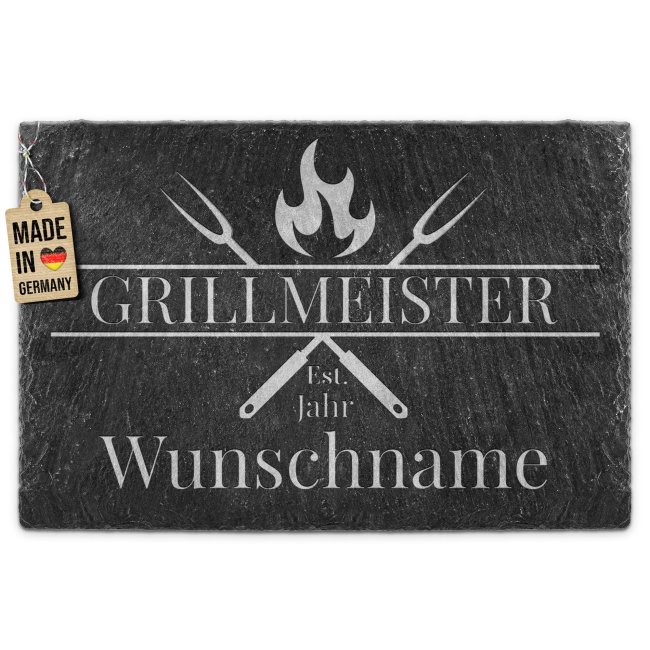 Personalisierte Schieferplatte mit Gravur f&uuml;r M&auml;nner - Grillmeister mit Name und Jahr - 20x30 cm