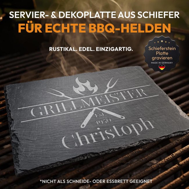 Personalisierte Schieferplatte mit Gravur f&uuml;r M&auml;nner - Grillmeister mit Name und Jahr - 20x30 cm