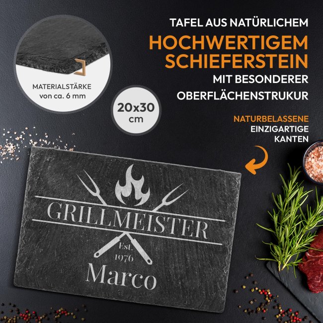 Personalisierte Schieferplatte mit Gravur f&uuml;r M&auml;nner - Grillmeister mit Name und Jahr - 20x30 cm