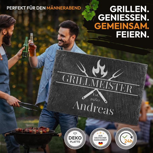 Personalisierte Schieferplatte mit Gravur f&uuml;r M&auml;nner - Grillmeister mit Name und Jahr - 20x30 cm