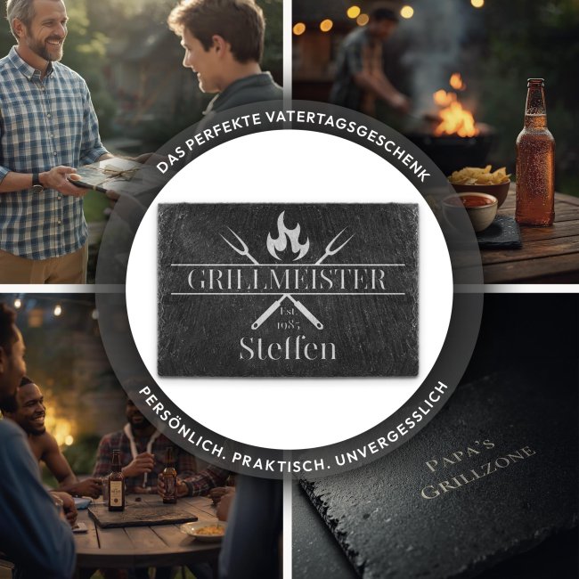 Personalisierte Schieferplatte mit Gravur f&uuml;r M&auml;nner - Grillmeister mit Name und Jahr - 20x30 cm