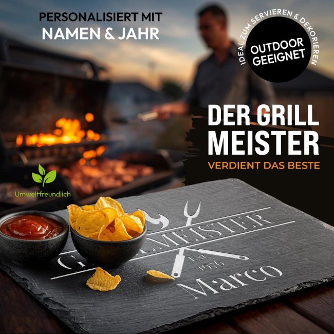Personalisierte Schieferplatte mit Gravur f&uuml;r M&auml;nner - Grillmeister mit Name und Jahr - 20x30 cm