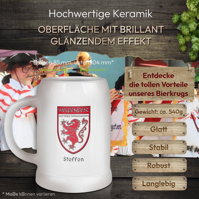 Bierkrug mit Name - Welfenfest Logo - Keramik wei&szlig; - 500ml