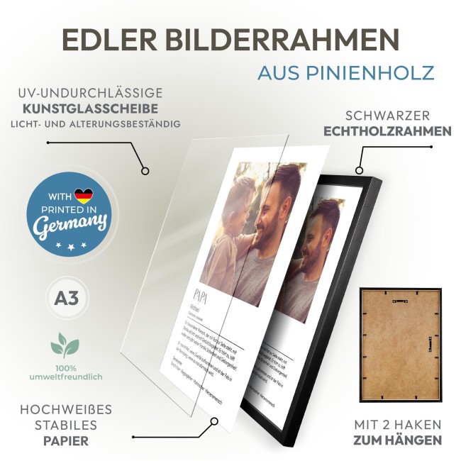 Fotodruck mit Bilderrahmen - Papa Duden - Mit Bild &amp; Text - 200 g/m&sup2; Fotopapier - A3 Hochformat, schwarzer Rahmen