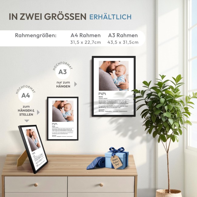 Fotodruck mit Bilderrahmen - Papa Duden - Mit Bild &amp; Text - 200 g/m&sup2; Fotopapier - A3 Hochformat, schwarzer Rahmen