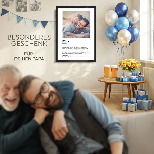 Fotodruck mit Bilderrahmen - Papa Duden - Mit Bild &amp; Text - 200 g/m&sup2; Fotopapier - A3 Hochformat, schwarzer Rahmen