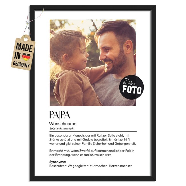 Fotodruck mit Bilderrahmen - Papa Duden - Mit Bild &amp; Text - 200 g/m&sup2; Fotopapier - A3 Hochformat, schwarzer Rahmen