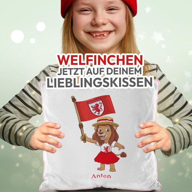 Flauschiges Kissen f&uuml;r Kinder mit Name - Welfenfest-Maskottchen Welfinchen