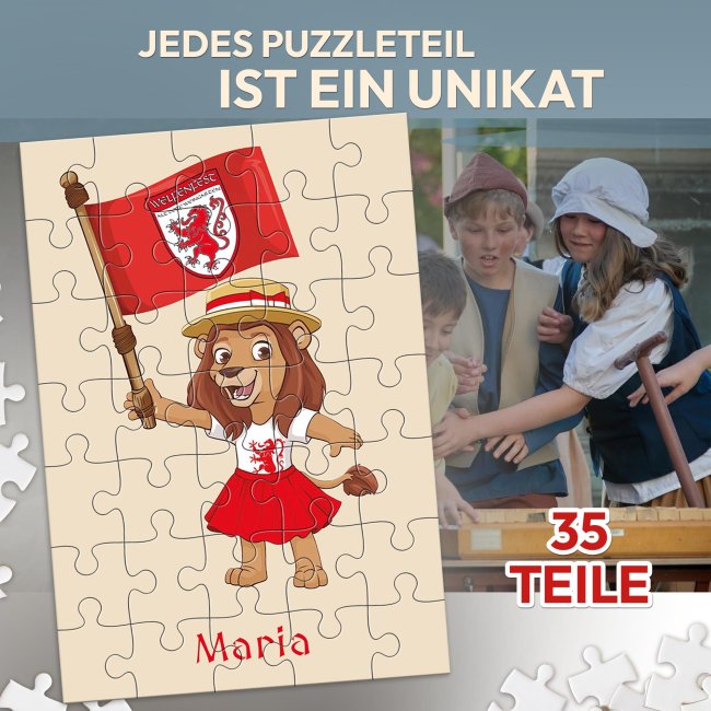 35 Teile Fotopuzzle f&uuml;r Kinder mit Name - Welfenfest-Maskottchen Welfinchen - inkl. bedrucktem Karton