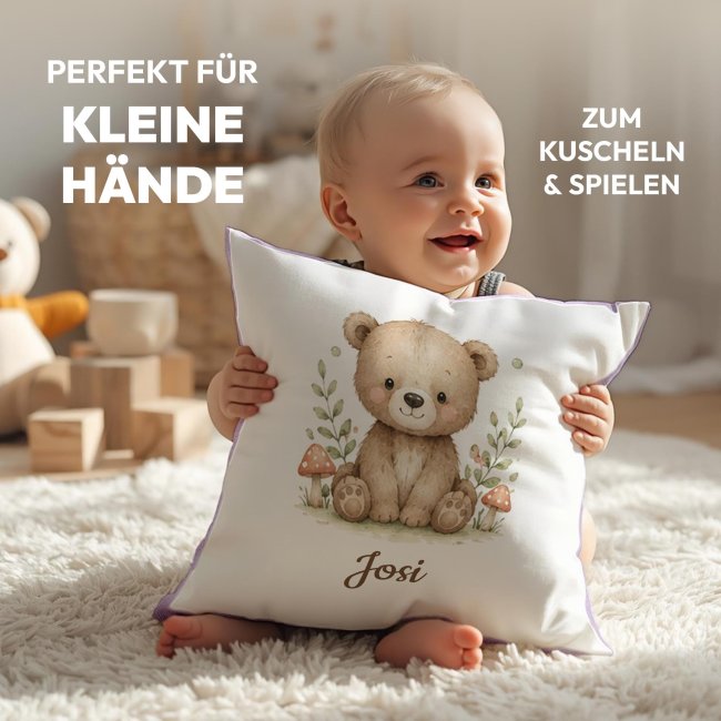 Personalisiertes Kissen f&uuml;r Kinder - mit Name - B&auml;r - in verschiedenen Pastell-Farben