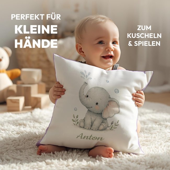 Personalisiertes Kissen f&uuml;r Kinder - mit Name - Elefant - in verschiedenen Pastell-Farben