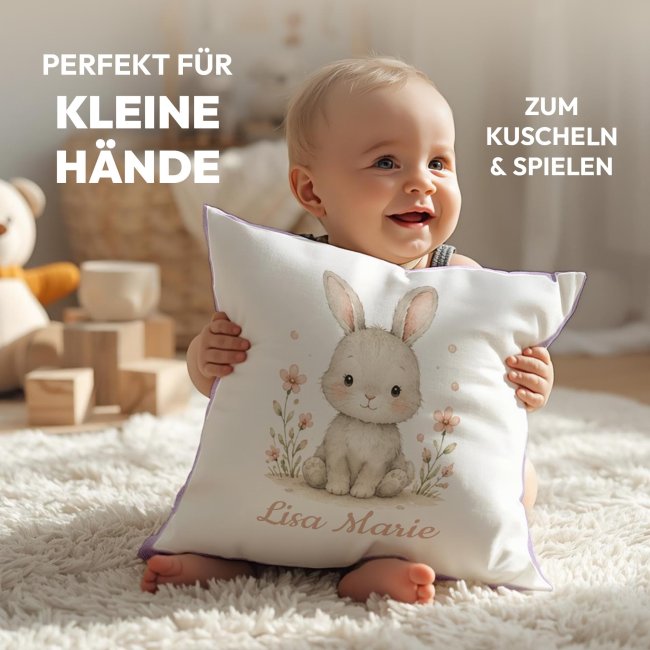 Personalisiertes Kissen f&uuml;r Kinder - mit Name - Hase - in verschiedenen Pastell-Farben