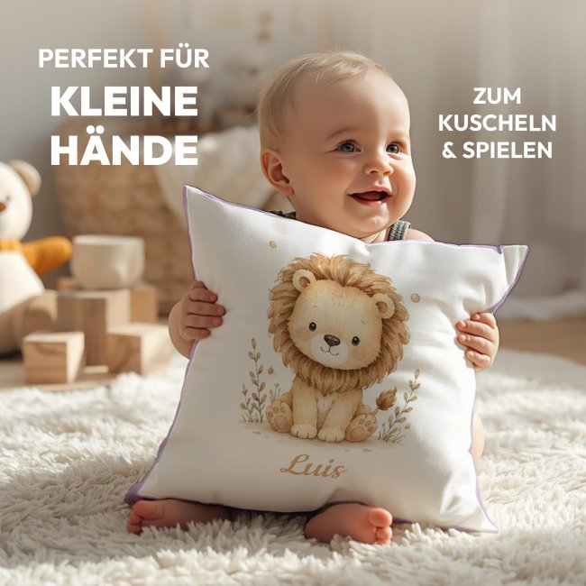 Personalisiertes Kissen f&uuml;r Kinder - mit Name - L&ouml;we - in verschiedenen Pastell-Farben