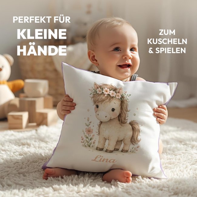 Personalisiertes Kissen f&uuml;r Kinder - mit Name - Pony - in verschiedenen Pastell-Farben