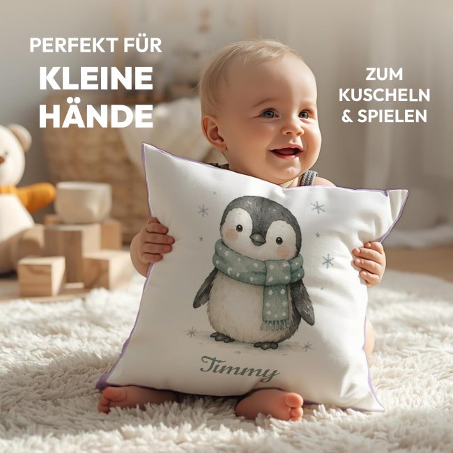 Personalisiertes Kissen f&uuml;r Kinder - mit Name - Pinguin - in verschiedenen Pastell-Farben