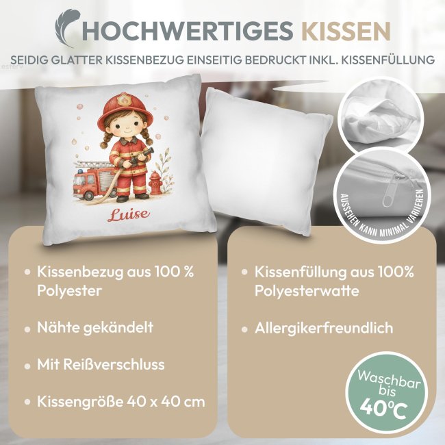 Personalisiertes Kissen f&uuml;r Kinder - mit Name - Feuerwehr M&auml;dchen - Wei&szlig;