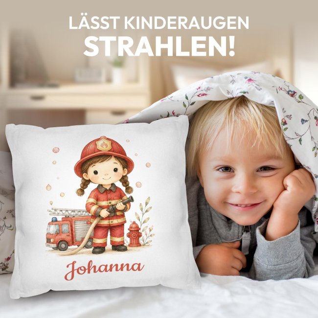 Personalisiertes Kissen f&uuml;r Kinder - mit Name - Feuerwehr M&auml;dchen - Wei&szlig;