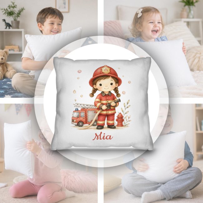 Personalisiertes Kissen f&uuml;r Kinder - mit Name - Feuerwehr M&auml;dchen - Wei&szlig;
