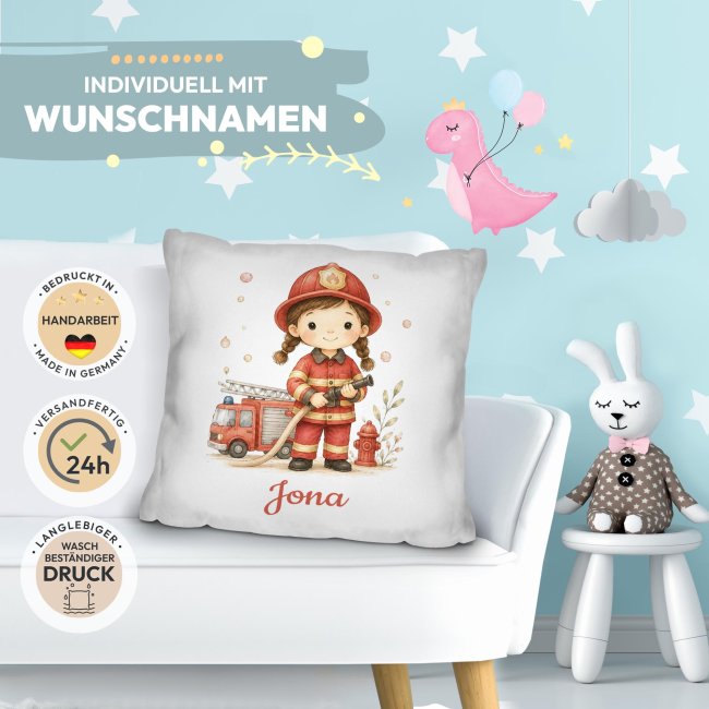 Personalisiertes Kissen f&uuml;r Kinder - mit Name - Feuerwehr M&auml;dchen - Wei&szlig;