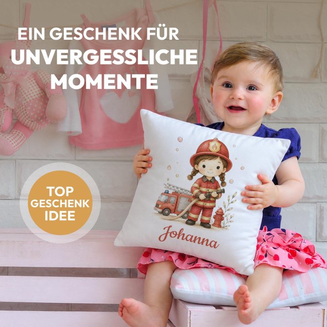 Personalisiertes Kissen f&uuml;r Kinder - mit Name - Feuerwehr M&auml;dchen - Wei&szlig;