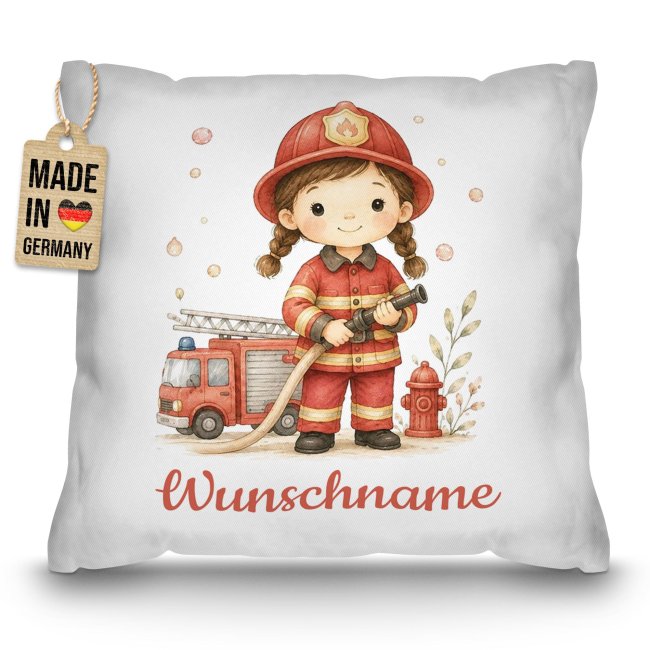 Personalisiertes Kissen f&uuml;r Kinder - mit Name - Feuerwehr M&auml;dchen - Wei&szlig;