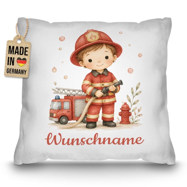 Personalisiertes Kissen f&uuml;r Kinder - mit Name - Feuerwehr Junge - Wei&szlig;