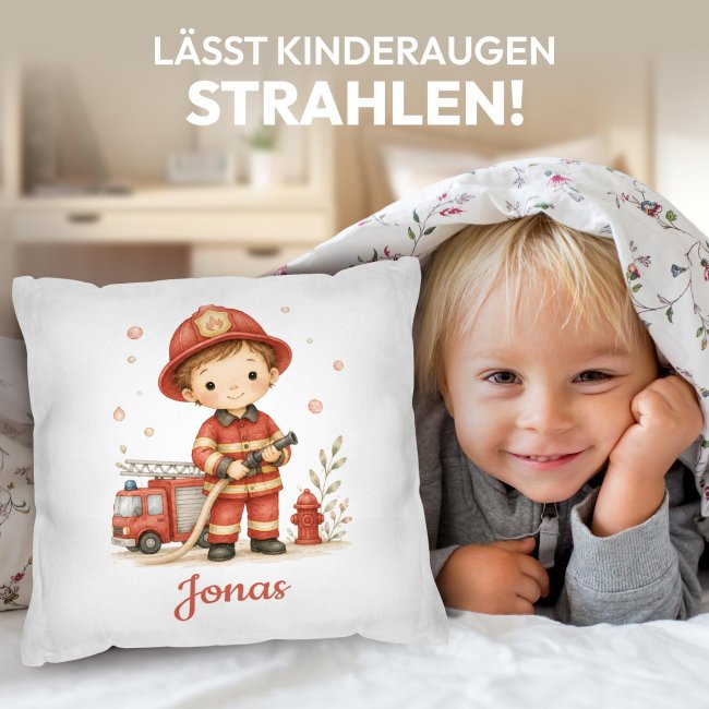 Personalisiertes Kissen f&uuml;r Kinder - mit Name - Feuerwehr Junge - Wei&szlig;