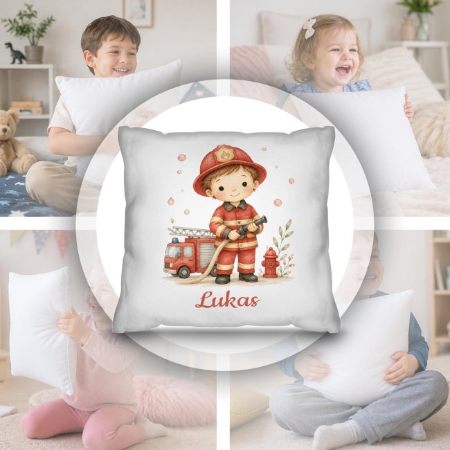 Personalisiertes Kissen f&uuml;r Kinder - mit Name - Feuerwehr Junge - Wei&szlig;