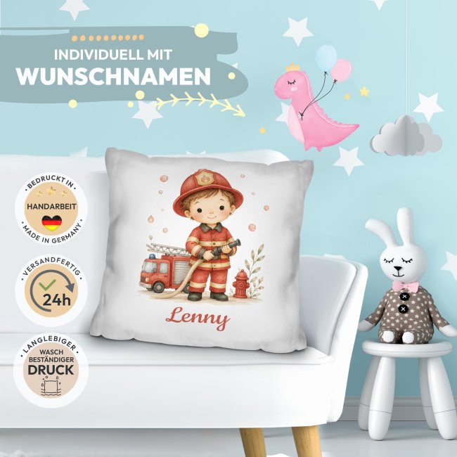 Personalisiertes Kissen f&uuml;r Kinder - mit Name - Feuerwehr Junge - Wei&szlig;
