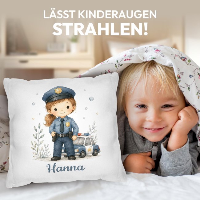Personalisiertes Kissen f&uuml;r Kinder - mit Name - Polizistin M&auml;dchen - Wei&szlig;