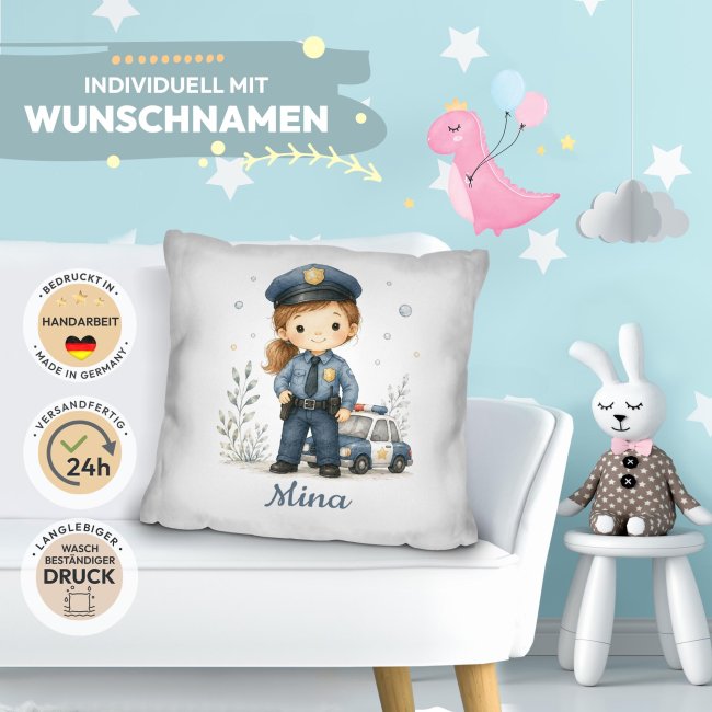 Personalisiertes Kissen f&uuml;r Kinder - mit Name - Polizistin M&auml;dchen - Wei&szlig;