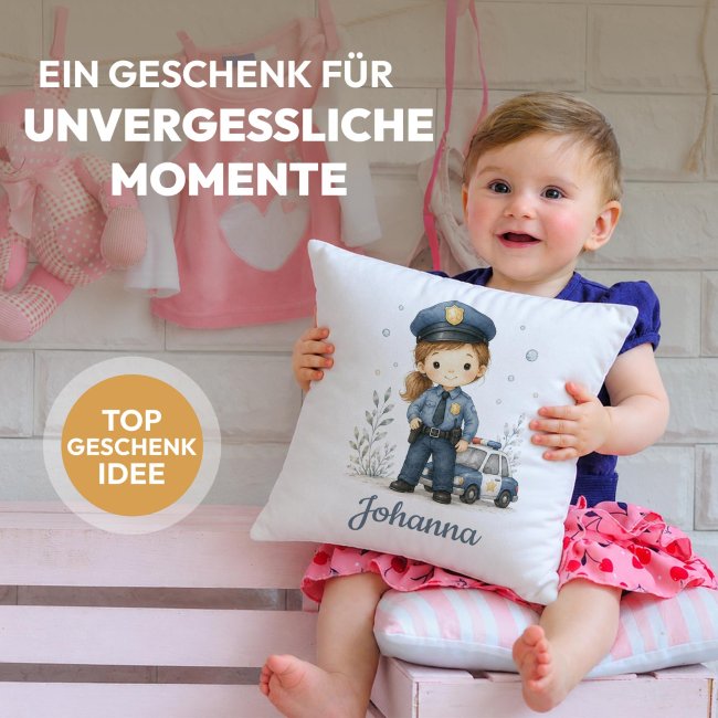 Personalisiertes Kissen f&uuml;r Kinder - mit Name - Polizistin M&auml;dchen - Wei&szlig;