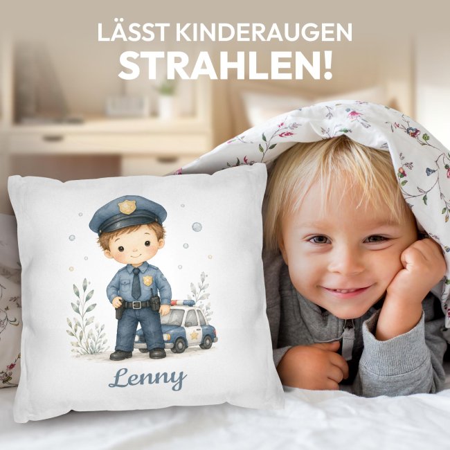 Personalisiertes Kissen f&uuml;r Kinder - mit Name - Polizist Junge - Wei&szlig;