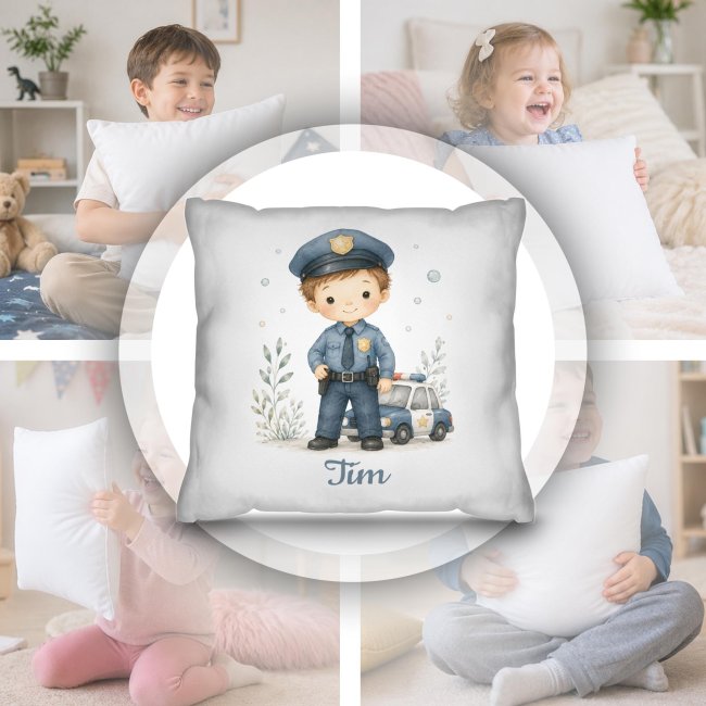 Personalisiertes Kissen f&uuml;r Kinder - mit Name - Polizist Junge - Wei&szlig;